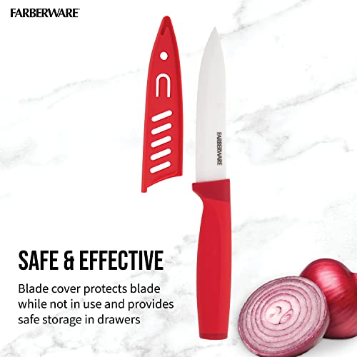 Farberware Ceramic 5-Inch Utility Knife With Custom-Fit Blade Cover, Razor-Sharp Kitchen Knife With Ergonomic, Soft-Grip Handle, Dishwasher-Safe, 5-Inch, Red #TOP4