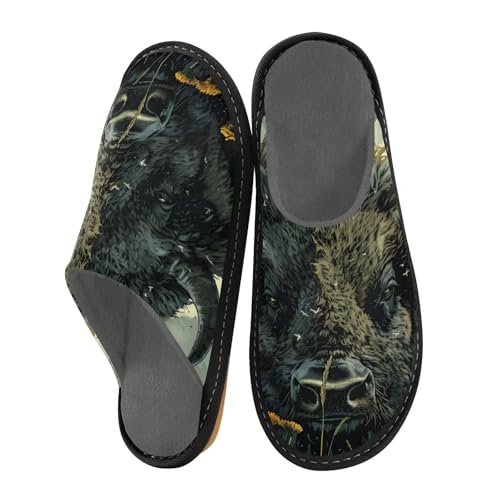 Slippers for Women Bison in Field with Flowers Soft Fuzzy Women's Slippers Indoor and Outdoor Shoes