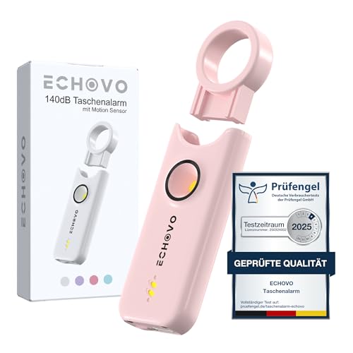 ECHOVO Taschenalarm 140 dB mit LED - Selbstverteidigung für Frauen & Kinder, Schlüsselanhänger mit Alarm, sehr laut Schrillalarm, Handsirene, Abwehr & Selbstschutz für unterwegs zur Sicherheit (Pink)