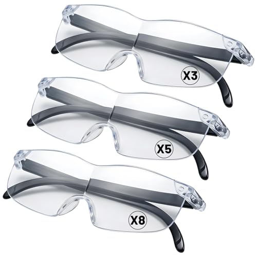3 Stück Lupenbrille für Brillenträger, Vergrößerungsbrille mit 3 Vergrößerungsstufen (300%, 500%, 800%), Blaulichtfilter, Tragbare Lesebrille für Nähen und Detailarbeiten