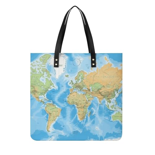 World Map Leather Tote Bag Women Shoulder Handbag