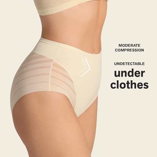Image of Leonisa High Waisted Invisible Tummy Control Shapewear for Women - Stripe Lace Ladies Underwear Panties