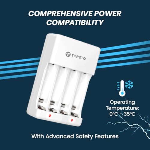 Image of Toreto Powerpod AA /AAA Battery Charger for Ni-MH /Ni-Cd Rechargeable Batteries, Charges 2 or 4 Cells, Smart Charge Control, Dual LED Indicators, Indian Plug, 220V AC Input (White)