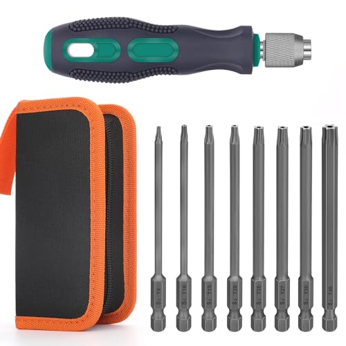8 Stück Torx Schraubendreher Set, Bithalter mit Oxford Werkzeugtasche, 100mm Lange Bits Torx T8-T40 1/4' Magnetisch Sechskant Schaft Elektrische Torx Bits