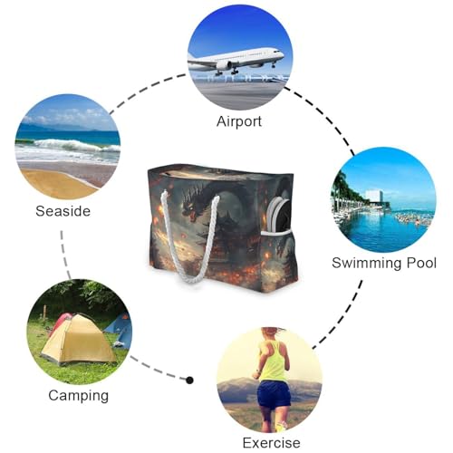 Dragon Dark Clouds Beach Bag & Travel Tote Bag Large Sandproof with Zipper Closure, Wet Pouch for Swim Gym Travel4