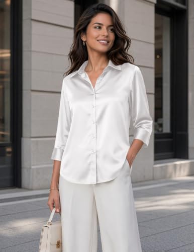 Image of Zeagoo Womens Satin Blouses Button Down Shirts 3 /4 Sleeve Dressy Tops S-2XL