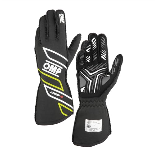 OMP Racing Driving Gloves, One-S, FIA Approved, Single Layer, Fire Retardant Fabric, Anthracite/Fluorescent Yellow, Medium, Pair