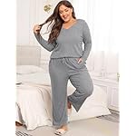 Women's Plus Size 2 Piece Pajama Lounge Sets Knit Outfits Long Sleeve V Neck Tops Wide Leg Pants with Pockets - Image 5