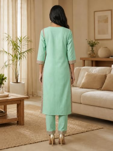 Image of Yash Gallery Women's Cotton Embroidered Straight Kurta & Pant Ethnic Wear