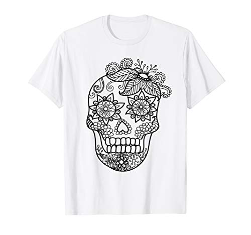 Adult Coloring Book Style Skull Halloween Coloring T-Shirt