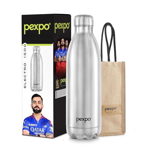 PEXPO Electro 24 Hrs Hot & Cold Vacuum Flask with Jute Bag | Stainless Steel Water Bottle 1500ml | 50 oz Silver| Office Bottle | Travelling | Home