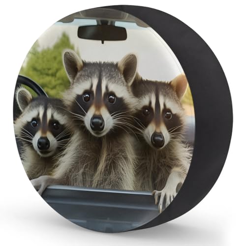 Image of Spare Tire Cover Raccoon Driving Car Wheel Covers Protectors Waterproof Dust-Proof Universal Fit Trailer, RV, SUV and Many Vehicle 15 Inch