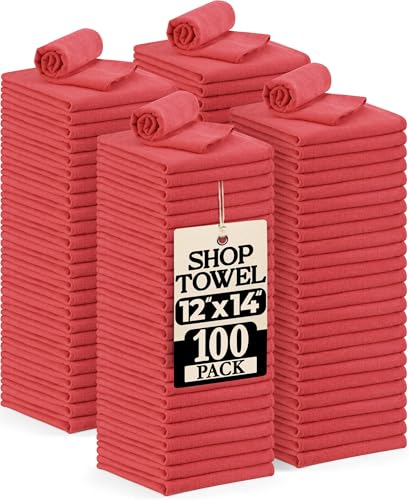 Utopia Towels Cotton Shop Towels 12x14 Inch 100 Pack Soft Absorbent Reusable Cotton Rags Durable and Multipurpose Cleaning Shop Towel for Auto Garage Bar & Home Cleaning (Red)