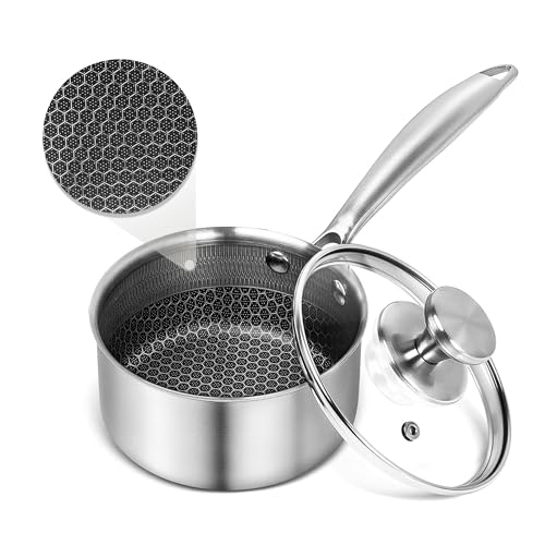 Image of Tieplis 14cm Non-Stick Saucepan with Glass Lid - 304 Stainless Steel Sauce Pot, Honeycomb Technology, Induction Compatible, PFOA Free