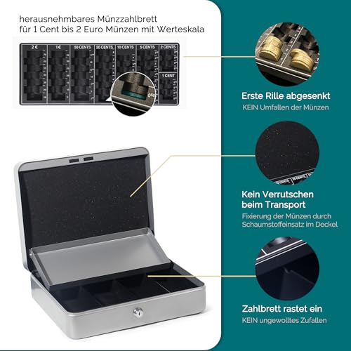 GREELUE Geldkassette mit münzzählbrett, Kasse Abschließbar, Cash Box Groß, Spardose, Geld organizer (Silber-30cm)