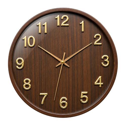 Image of STAR WORK 12 inch Inch Silent Wall Clock - Wood Finish Analog Clock with Gold Numerals, Non-Ticking Quartz Movement, Modern Decorative Wall Clock for Living Room, Bedroom & Office. (Brown 12-inch (30cm)