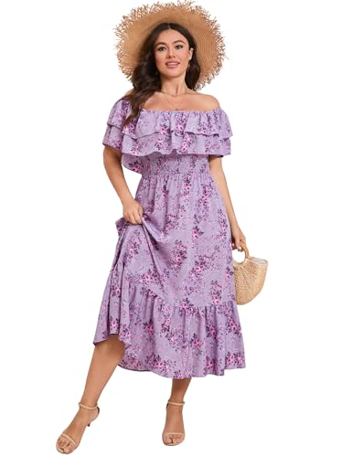Image of KOJOOIN Women Plus Size Off Shoulder Maxi Dress Ruffle Flowy Casual Summer Boho Long Dresses