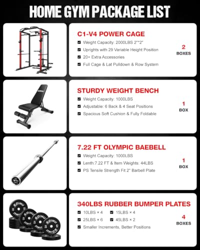 Image of C1-V4 Power Cage, 2000LBS Squat Rack with LAT Pulldown, Multi-Function Weight Cage Strength Training Machine, Workout Cage with More Attachments for Home Gym Garage