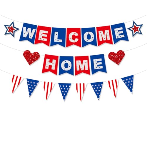 FHGG Patriotic Welcome Home Banner Decorations American Flag for Military Army Returning Homecoming Party Glitter Red Blue