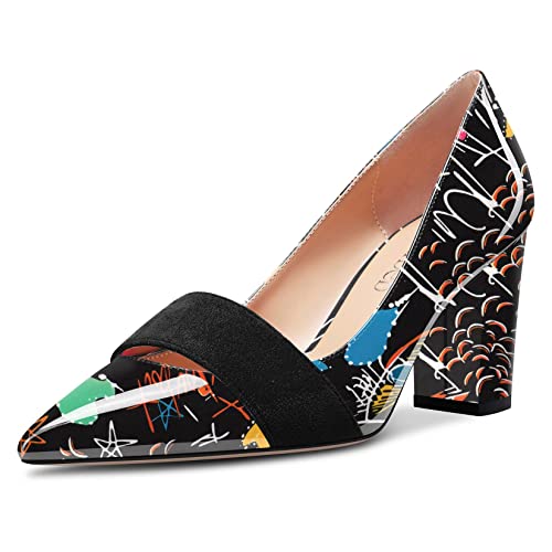 TNYNFBEB Women Chunky Block Mid Heel Close Pointed Toe Pumps Slip-on Patchwork Party Wedding Basic Classic 3.2 Inches Heels