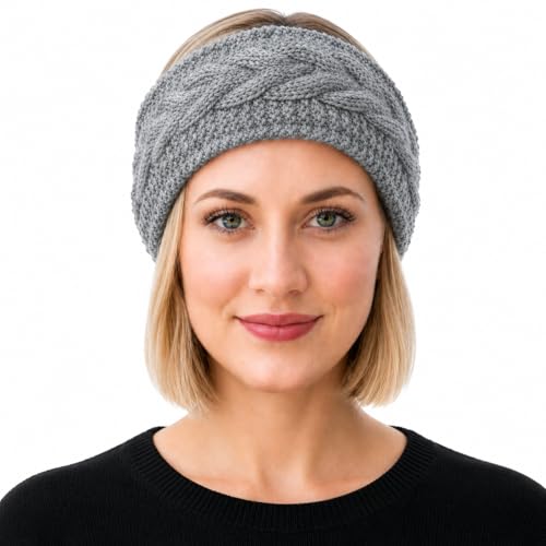 HEAVENLY HIMALAYAN Winter Headbands for Women–Handmade Nepal Wool Ear Warmers, Extra Wide Cable Knit, Boho HairBand Accessory- Gray