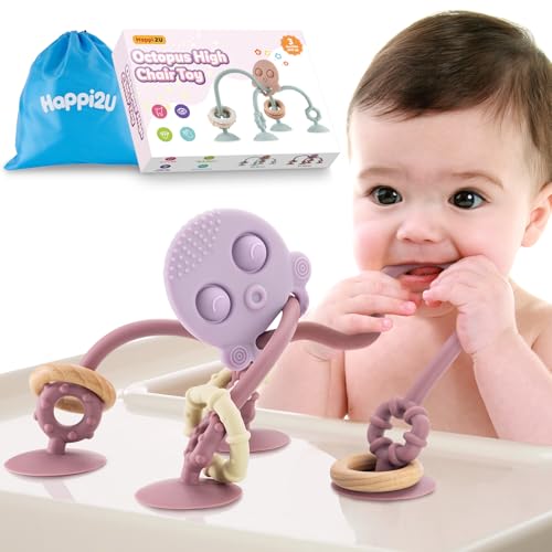 Image of Happi2U Baby Teething Toys, High Chair Toy with Suction Cup for Infant Toddlers 6 12 18 24 Month, Food Grade Silicone Teether with Oak Loop, Montessori Sensory Educational Baby Bath Toy Gifts (Rose)