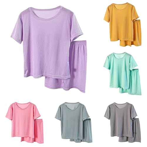 Boys Girls Ice Silk 𝗣ajamas Set Lightweight Short Sleeve Shirts Elastic Waist Shorts Set Comfort Soft 𝗦leepwear