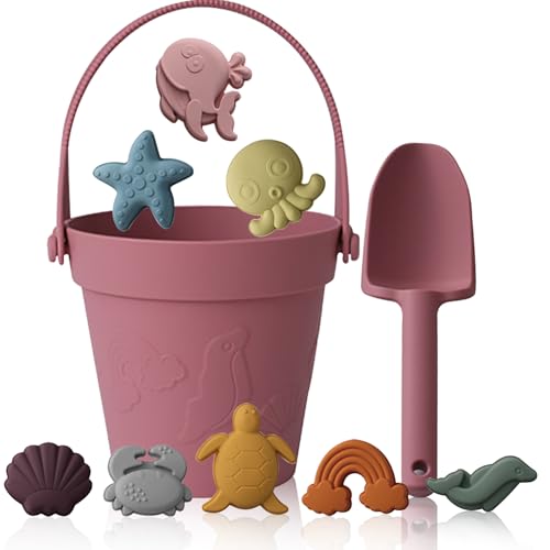 Melearch Strandspielzeug für Kinder, 10 Stück Sandspielzeug Set, Sandkasten Spielzeug mit Eimer und Schaufel, Sandförmchen Spielzeug für Kleinkinder, Mädchen und Jungen, Sommerspiele, Rot