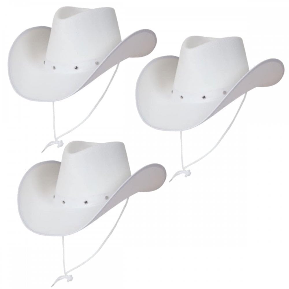 Titch & Timbo Texan Cowboy Cowgirl Hat 3 Pack (Multiple Options) : Adult Unisex Fancy Dress Party Accessory Country Western Rancher Rodeo Wild West Music Festival (White (3))