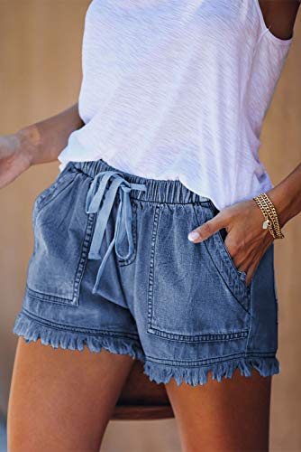 Hvepuo Womens Summer Shorts Soft Thin Jeans Shorts Women Distressed Jean Shorts Cotton High Rise Denim Shorts Stretch Band Waist Draw String Shorts Cute Jean Shorts For Women Denim Dark Blue M thumb #1
