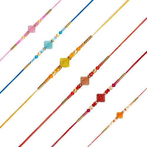 SAJTOX 6 Pcs Handmade Designer Rakhi Set for Brother, Colorful, Floral & Traditional Thread Design, Multi Color, Adjustable, Polyester Blend (Handmade Beaded Rakhi) (Handmade Beaded Rakhi) by SAJTOX - Used condition - Image 8