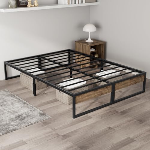 Queen Bed Frame, 14 Inch Queen Size Metal Platform Bed with Rustic Wood, 2000 lbs Capacity, Metal Bed Frame No Box Spring Needed with Underbed Storage Space - Easy Assembly and Noise Free