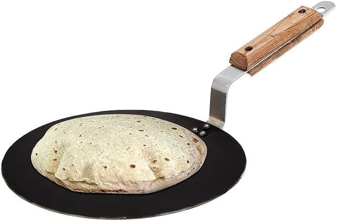 Iron Concave Tawa 10 inch, Tava for Roti/Chappati/Naan with Strong Wooden Handle Black 100% Toxin-Free, Long Lasting