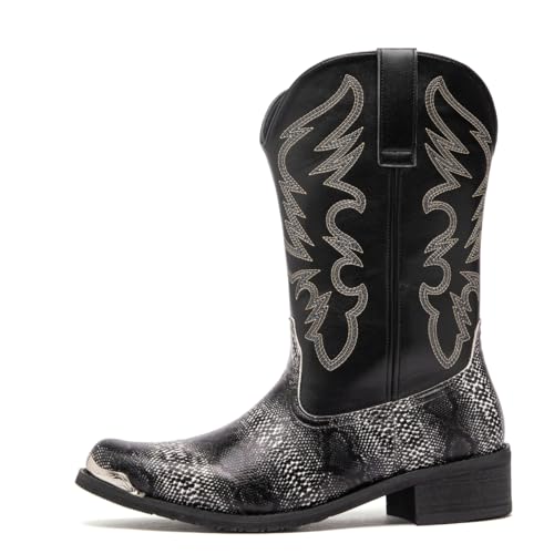 Image of Men's cowboy boots round toe boots embroidered with traditional Western country artificial snakeskin pattern