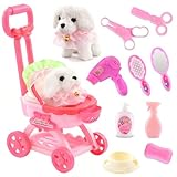 Volmop 14PCS Dog Toys for Kids, Walking Barking Electronic Interactive Plush Puppy Toy with Pushcart and Accessories, Pet Care Toy Set for Kids, for Girls and Boys 3 4 5 6+ Year Old