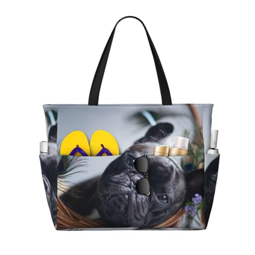 Sac de plage bouledogue français pour femme avec poignées