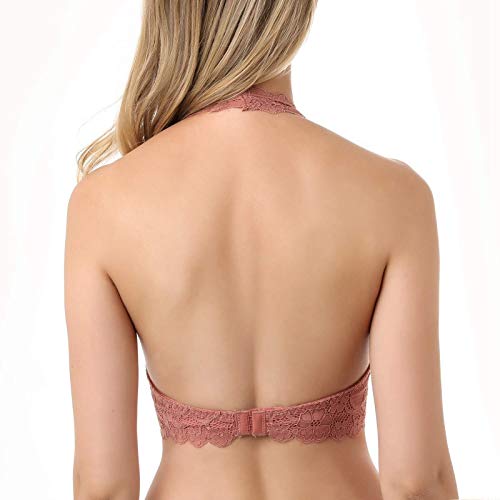 Image of Floral Lace Halter Bra Bralette Top Hook and Eye Closure Back Unpadded Wirefree Lace Bra