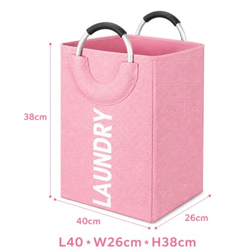 Image of DecorTwist Structured Fabric Laundry Basket with Metal Handles | 40 Litre Large Carry Basket for Clothes Toys & Storage | Foldable & Multipurpose | L40xW26xH38 cm | Pink