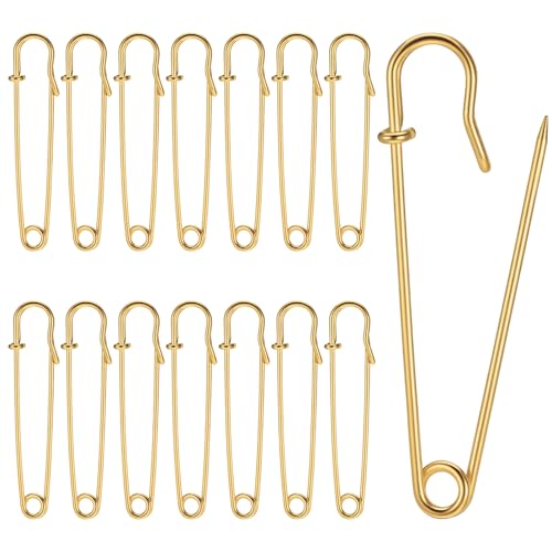 15 Pcs Large Safety Pins 3 inch Heavy Duty Safety Pins Extra Large Stainless Steel Pin Gold Big Blanket Pin for Clothes Blankets Crafts Leather Canvas Skirts Kilts (Gold)