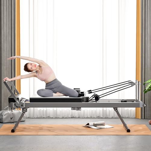 Foldable Pilates Reformer, Pilates Core Bed Yoga Fitness Exercise Equipment for Home, Gym Workout, Yoga Studio (Black)