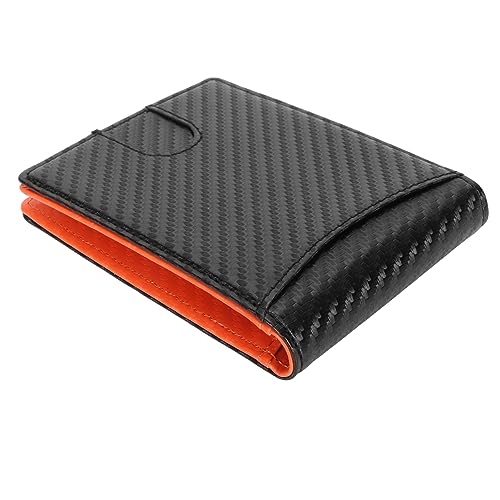 Atyhao Men Slim Wallet Blocking, 10 Credit Card Holder Slots Money Clip, PU Carbon Fiber, Boyfriend, Husband, Dad, Friend, Spacious Inside (Black with Orange Interior)