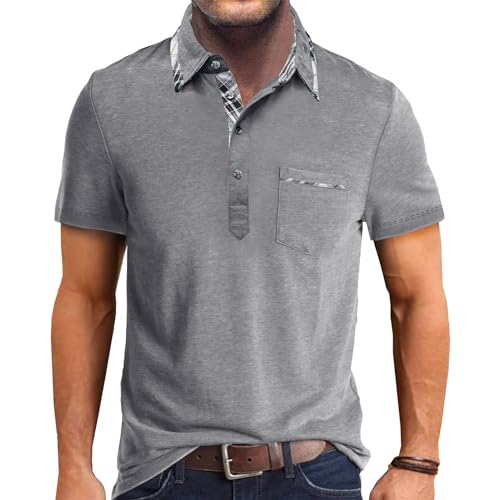 Comilaka Men's Short Sleeve Casual Polo Shirts Classic Button Contrasting Colors T- Shirts with Pocket Stylish Tops Light Grey