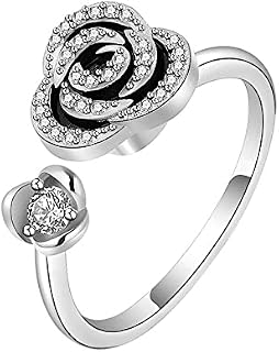 Silver Anxiety Ring for Women Fidget Rings for Women Adjustable Rings for Anxiety Relief Stress Open Ring Silver Plated Cubic Zirconia Flower Finger Ring Gift for Women Girl Daughter