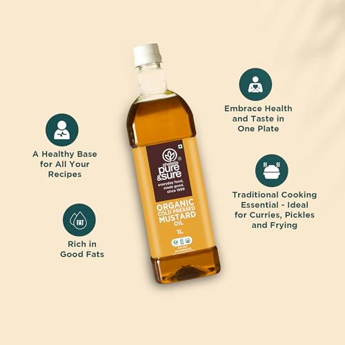 Image of Pure & Sure Organic Cold Pressed Mustard(Kachi Ghani) Oil 2 Litres | Natural Sarso Tel for Cooking, Hair Care & Skin Care|Rich Flavour and Nutrients | (1L X Pack of 2)