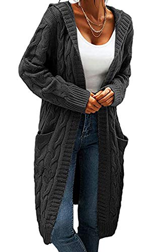 Image of Women Hooded Open Front Cardigan Cable Knit Chunky Long Sweater Coats | solid color, cable knit ,long duster cardigan,chunky coatigan,winter ,falll ,side pockets