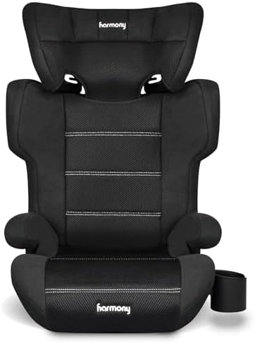 Harmony Dreamtime Elite High-Back Booster Seat – 2-in-1 Belt-Positioning Booster Car Seat with Cup Holder & Shoulder Belt Guide, for Children 18–50 kg (40–110 lbs.), 86–145 cm (34–57 in), Black