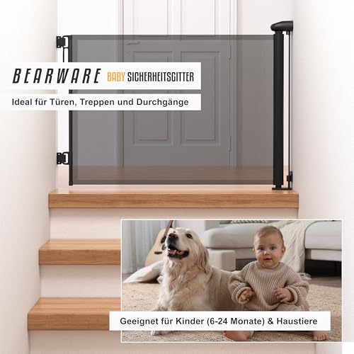 CSL - Schutzgitter Treppe Baby – Baby Schutzgitter für Treppen und Türen – bis zu 180 cm – Kindersicheres Absperrgitter – Treppenschutzgitter ausziehbar - Sicherheitsgitter Safety Gate