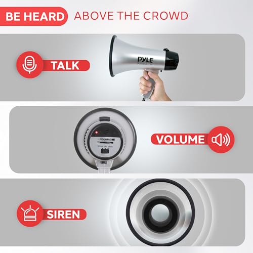 Pyle Portable Megaphone Speaker Siren Bullhorn - Compact, Battery Operated, 20W Power, Microphone, 2 Modes, PA Sound, 1000 Yards Range, Foldable Handle for Cheerleading and Police Use (Silver) by Pyle - Image 3