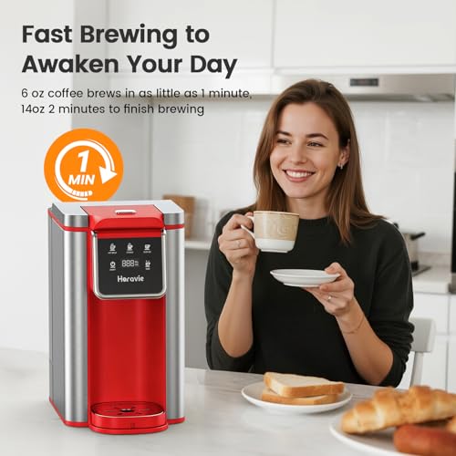 Image of Horavie Single Serve Coffee Maker for K-Cup Pod and Grounds, Hot & Iced Coffee Maker, Strong Button Feature, 6 to 14oz Brew Sizes, 50oz Removable Reservoir, Fit 6.5 inch Mugs, Stainless Steel, Red