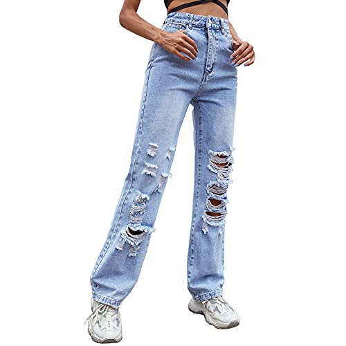 Distressed Boyfriend Jeans for Women High Waist Straight Leg Loose Destroyed Ripped Denim Pants for Teen Girl Juniors